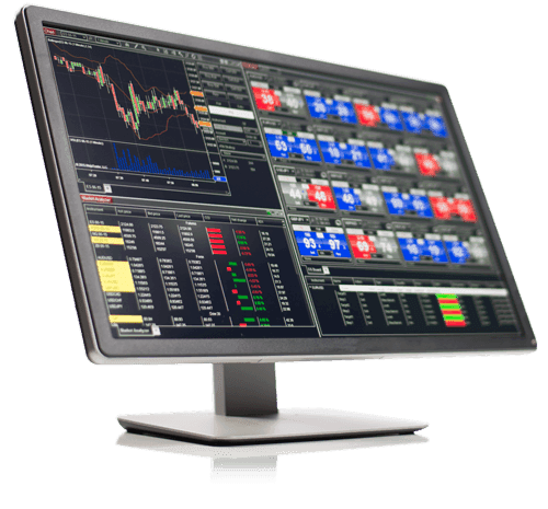 The NinjaTrader platform running charts, a depth ladder and an order book on a desktop monitor